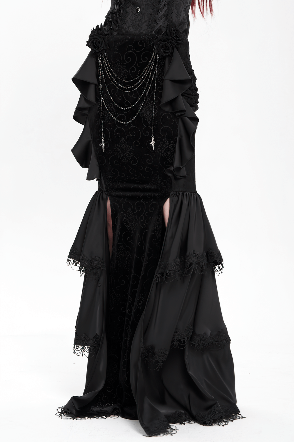 Gothic Black Velvet Maxi Skirt with Ruffles and Chains