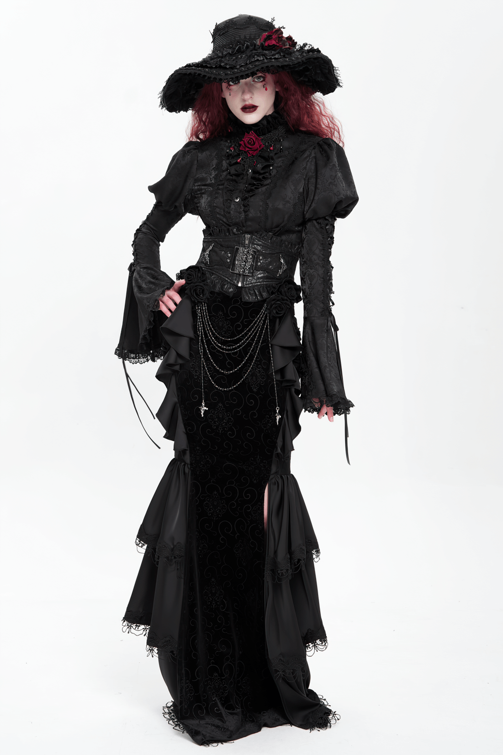 Gothic Black Velvet Maxi Skirt with Ruffles and Chains
