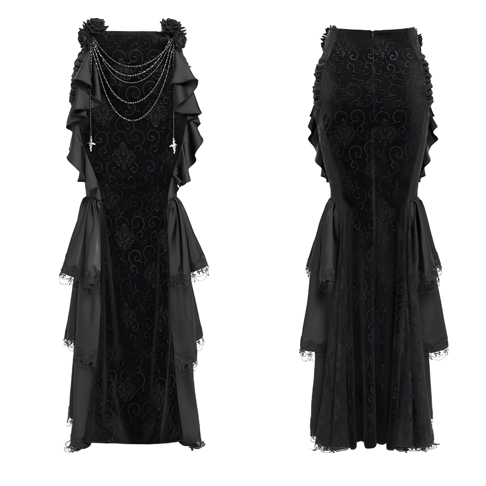 Gothic Black Velvet Maxi Skirt with Ruffles and Chains