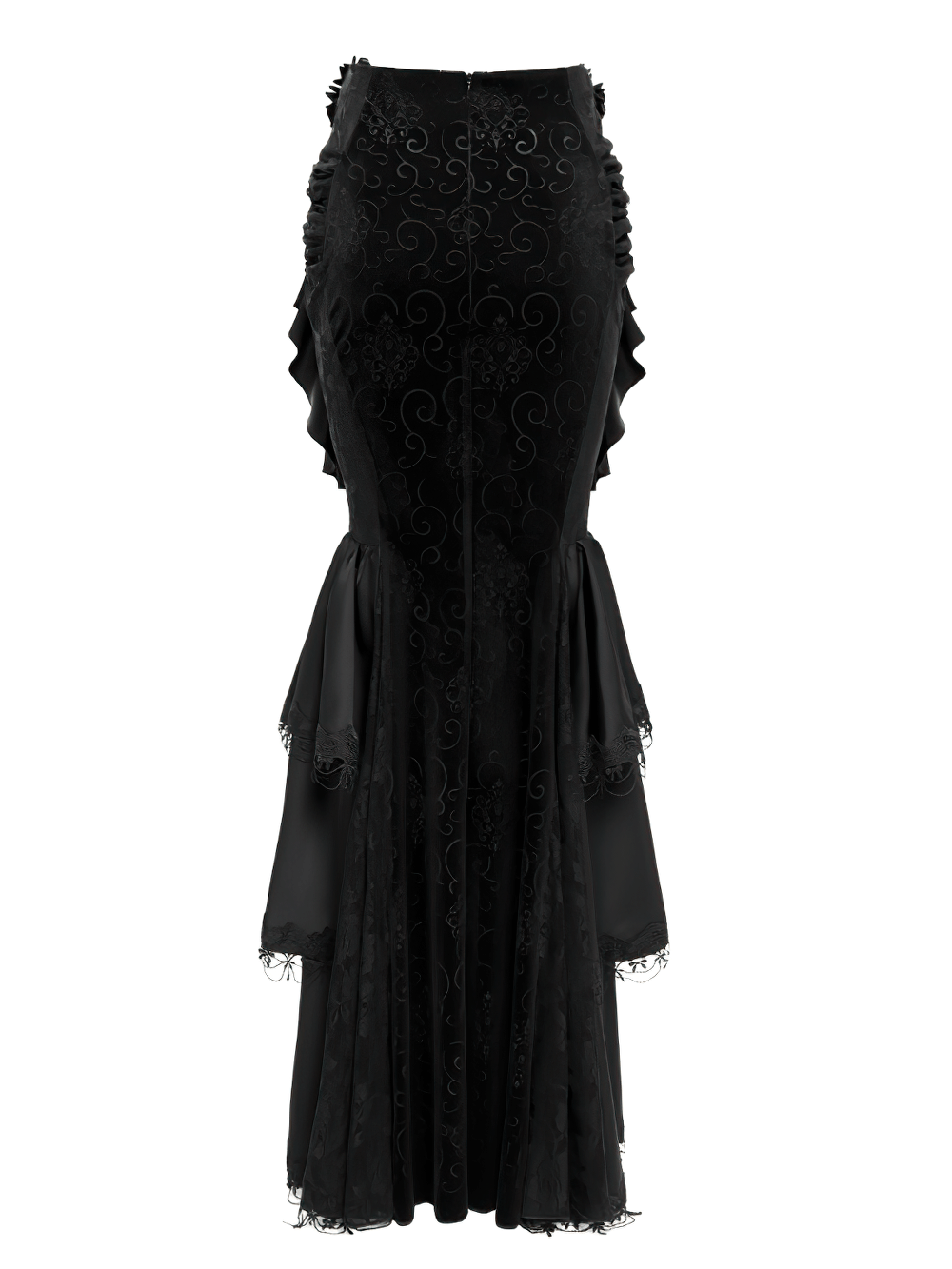 Gothic Black Velvet Maxi Skirt with Ruffles and Chains