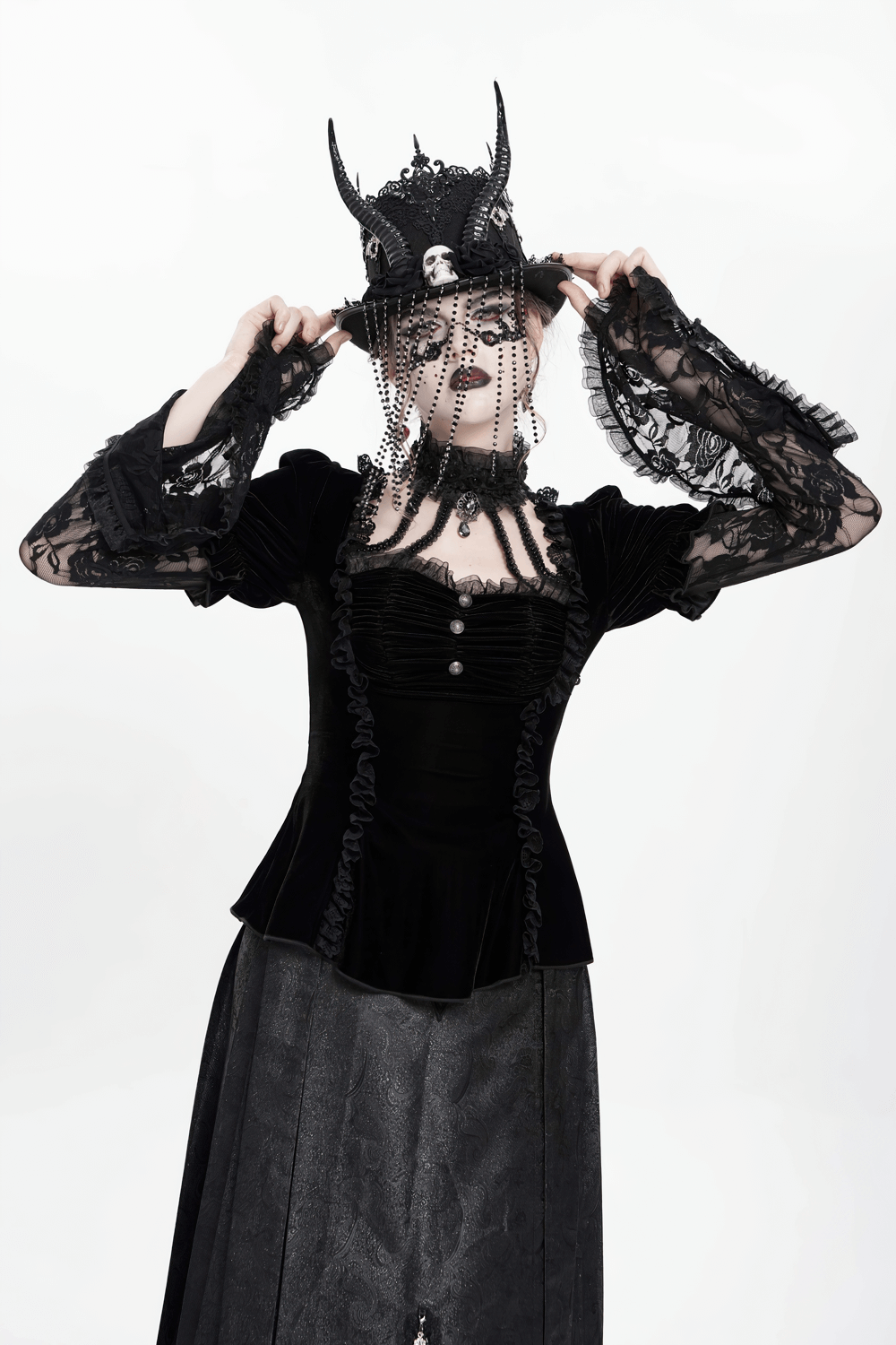 Gothic Black Velvet Top with Lace Bell Sleeves
