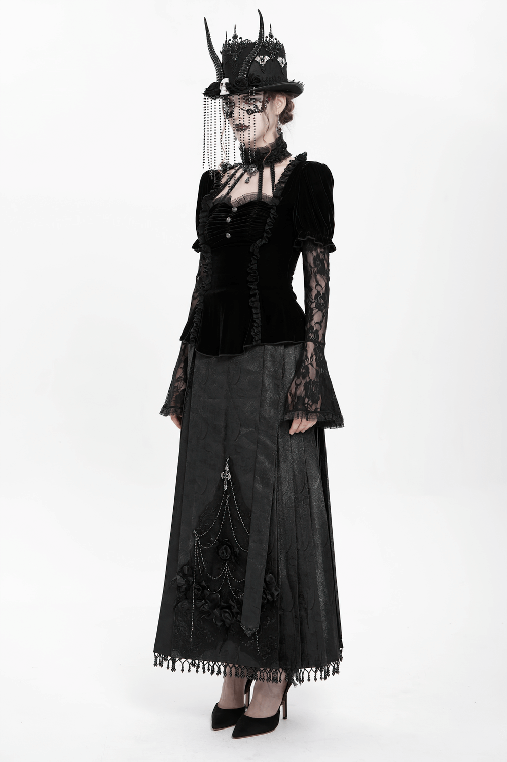 Gothic Black Velvet Top with Lace Bell Sleeves