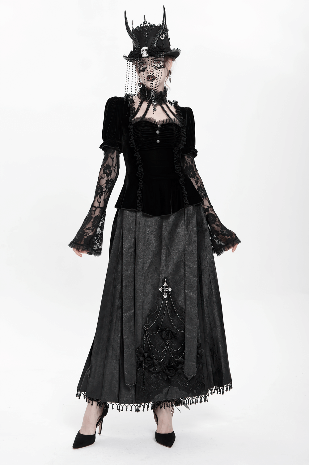 Gothic Black Velvet Top with Lace Bell Sleeves