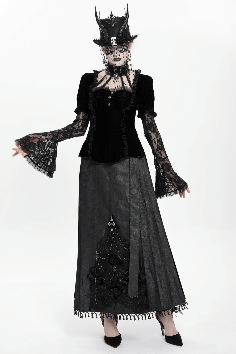 Gothic Black Velvet Top with Lace Bell Sleeves