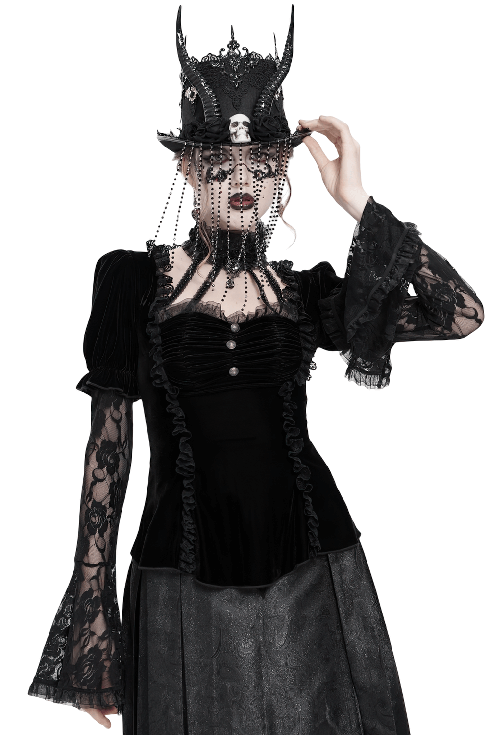 Gothic Black Velvet Top with Lace Bell Sleeves