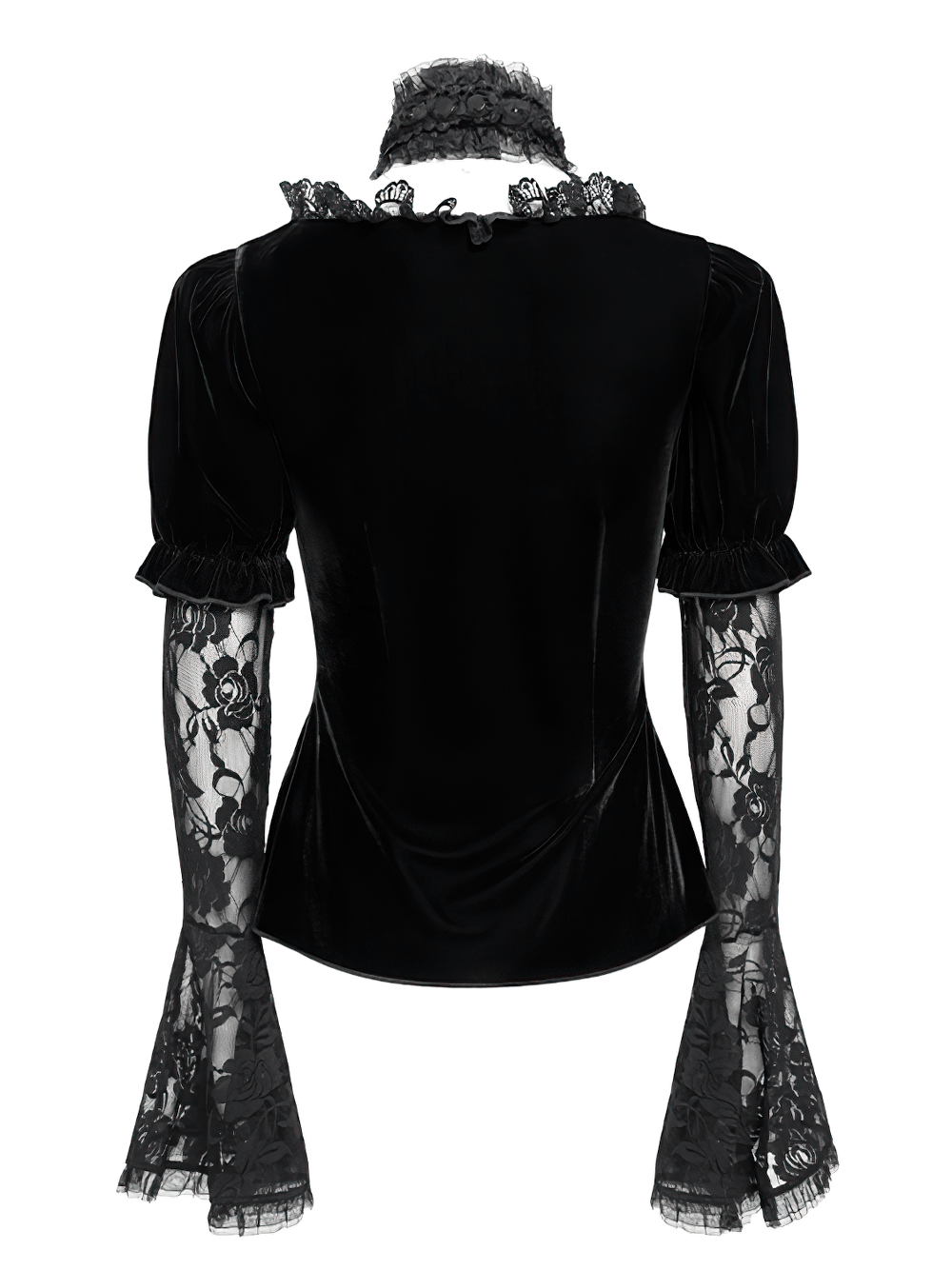 Gothic Black Velvet Top with Lace Bell Sleeves