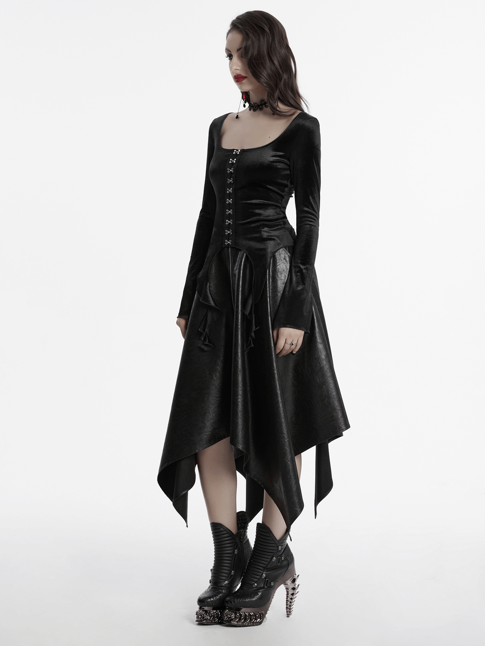 Gothic Black Velvet Top with Square Collar and Metal Buckles