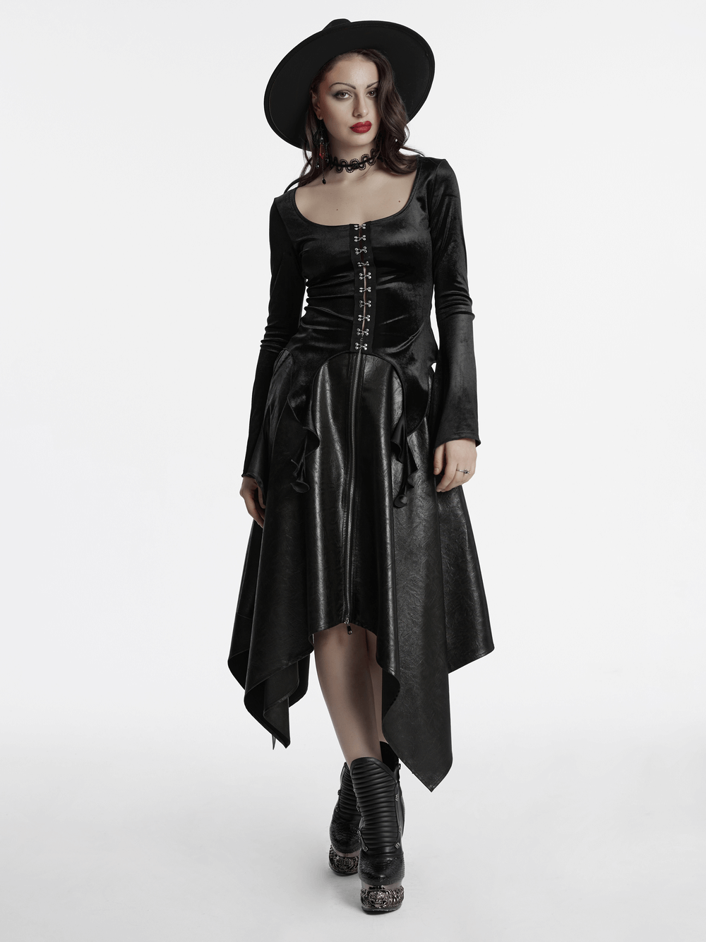 Gothic Black Velvet Top with Square Collar and Metal Buckles