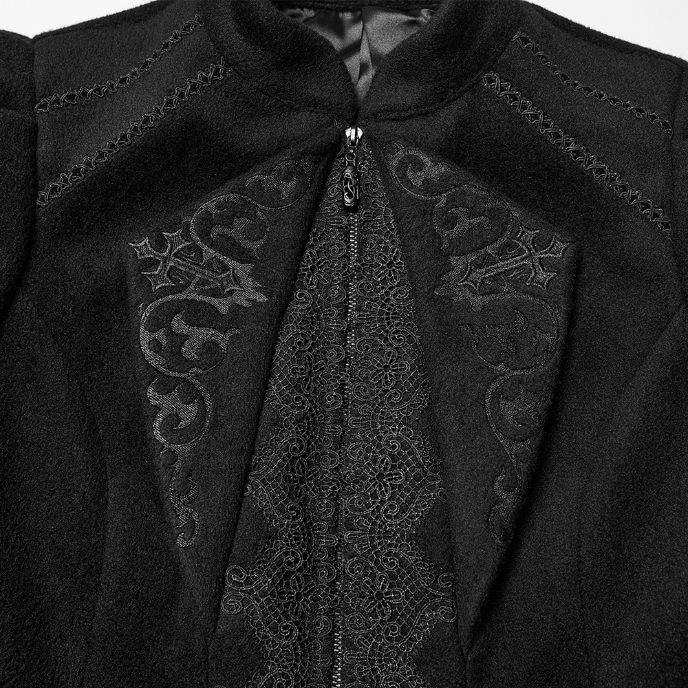 Gothic Black Woolen Jacket with Embroidery and Lace-Up