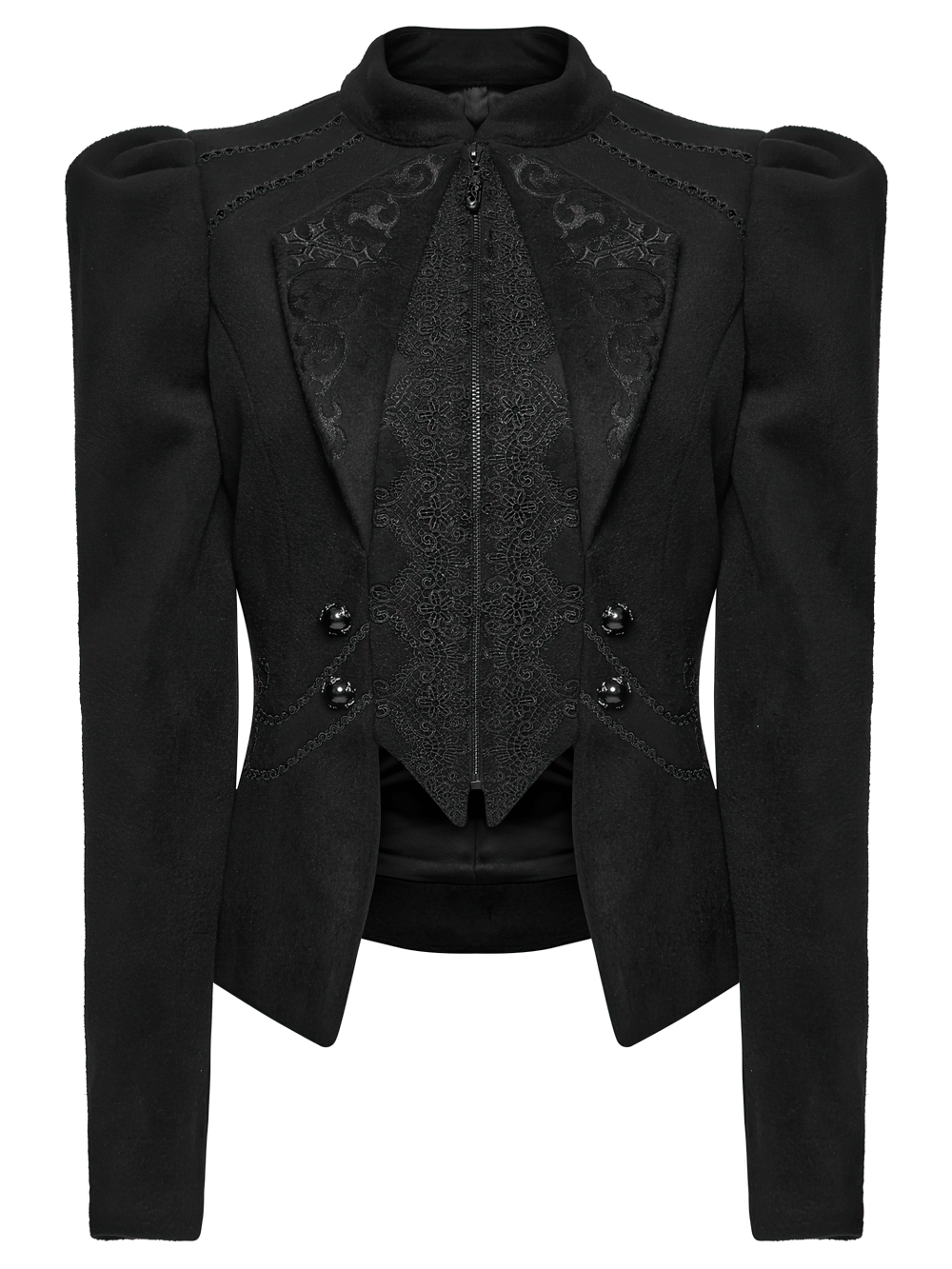 Gothic Black Woolen Jacket with Embroidery and Lace-Up