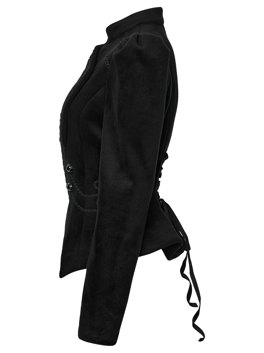 Gothic Black Woolen Jacket with Embroidery and Lace-Up