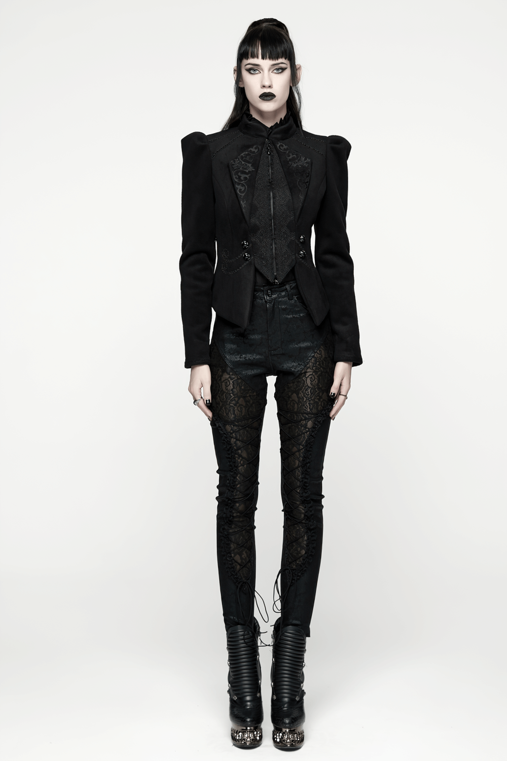 Gothic Black Woolen Jacket with Embroidery and Lace-Up