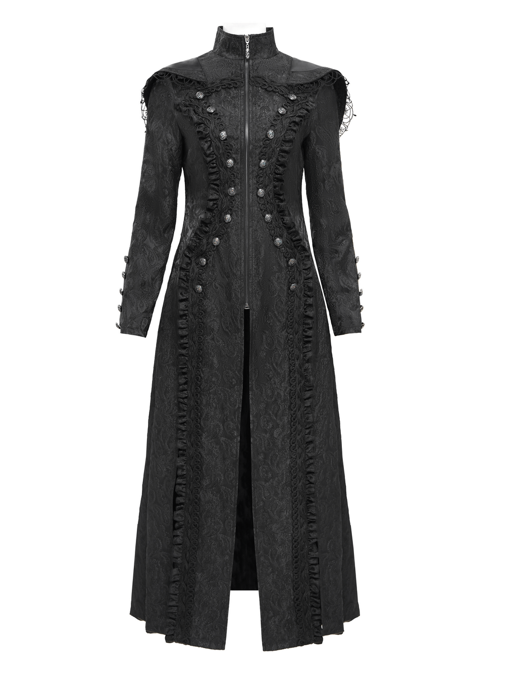 Gothic Brocade Hooded Long Coat with Lace Trim