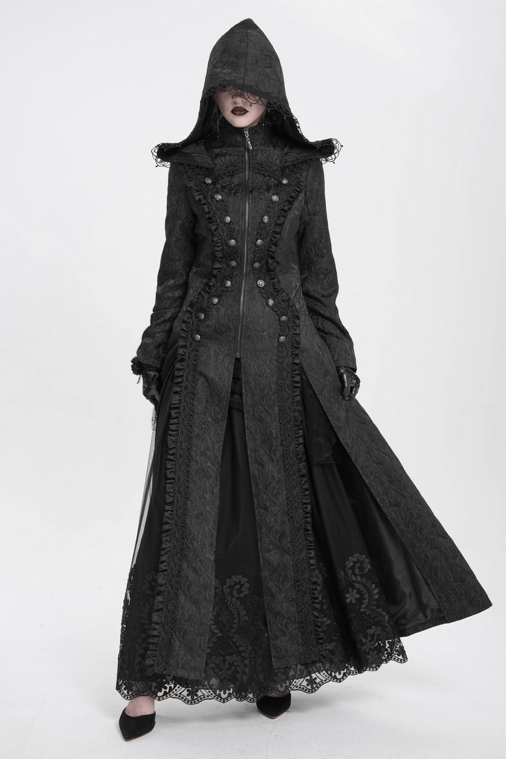 Gothic Brocade Hooded Long Coat with Lace Trim