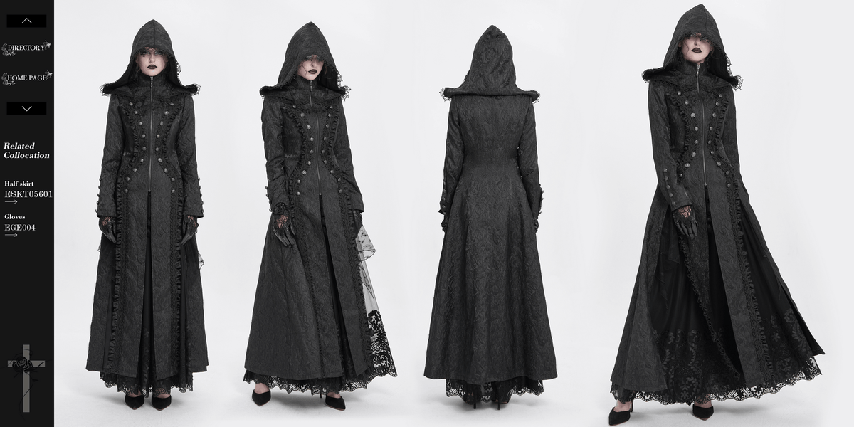 Gothic Brocade Hooded Long Coat with Lace Trim