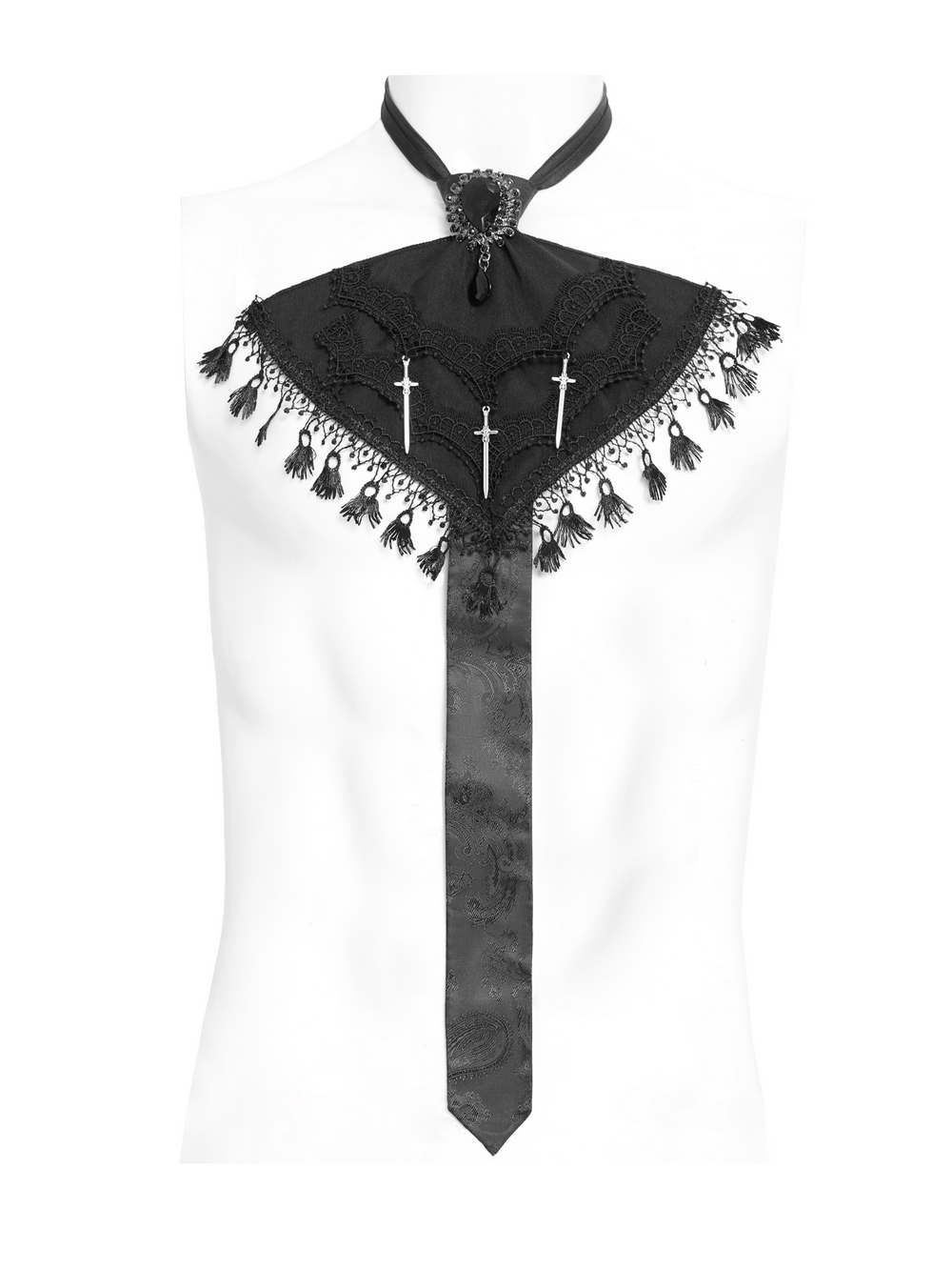 Gothic Brocade Neck Tie with Daggers and Tassel Trim