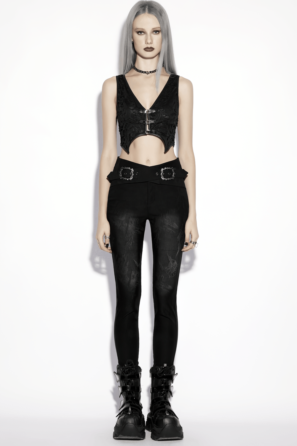 Gothic Buckle Waist Skinny Jacquard Denim Pants