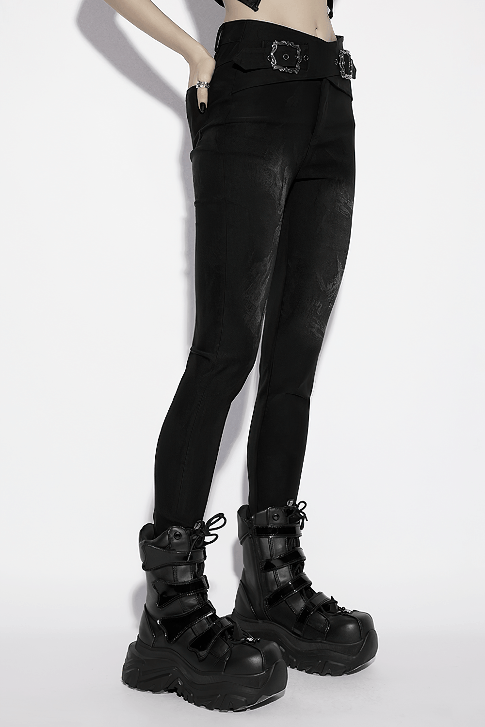 Gothic Buckle Waist Skinny Jacquard Denim Pants