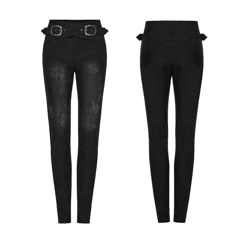 Gothic Buckle Waist Skinny Jacquard Denim Pants
