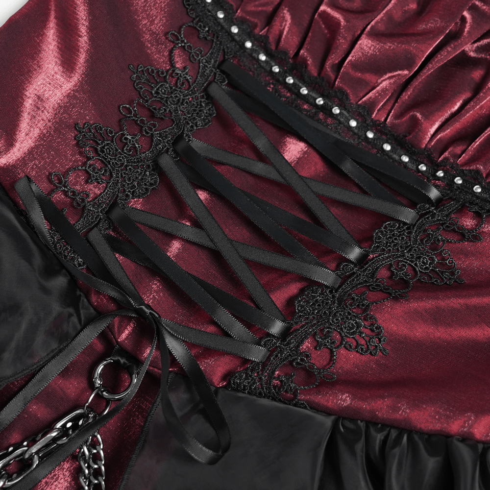 Gothic Burgundy Corset Dress with Chains and Tulle