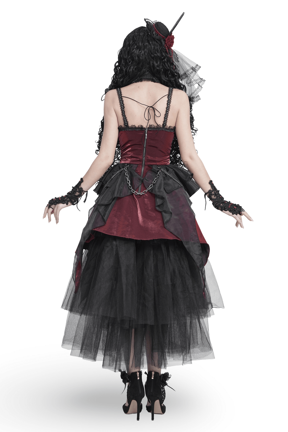 Gothic Burgundy Corset Dress with Chains and Tulle