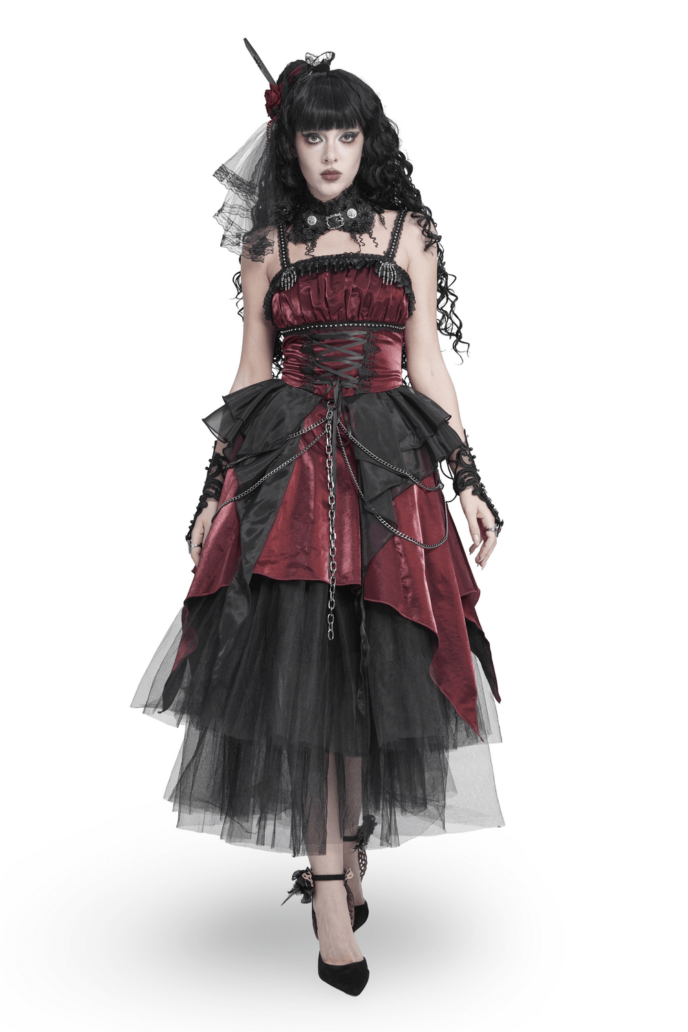 Gothic Burgundy Corset Dress with Chains and Tulle