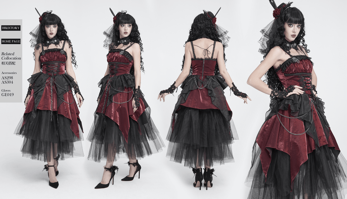 Gothic Burgundy Corset Dress with Chains and Tulle