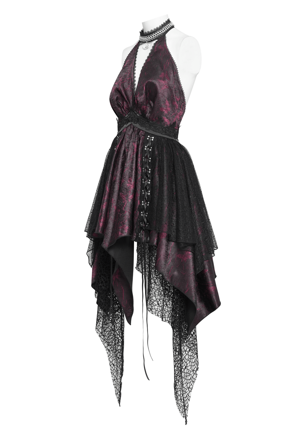 Gothic Burgundy Halter Dress with Lace Layers