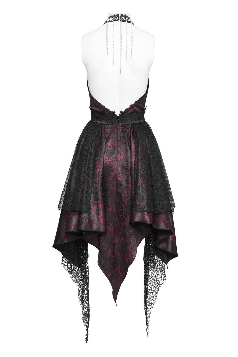 Gothic Burgundy Halter Dress with Lace Layers