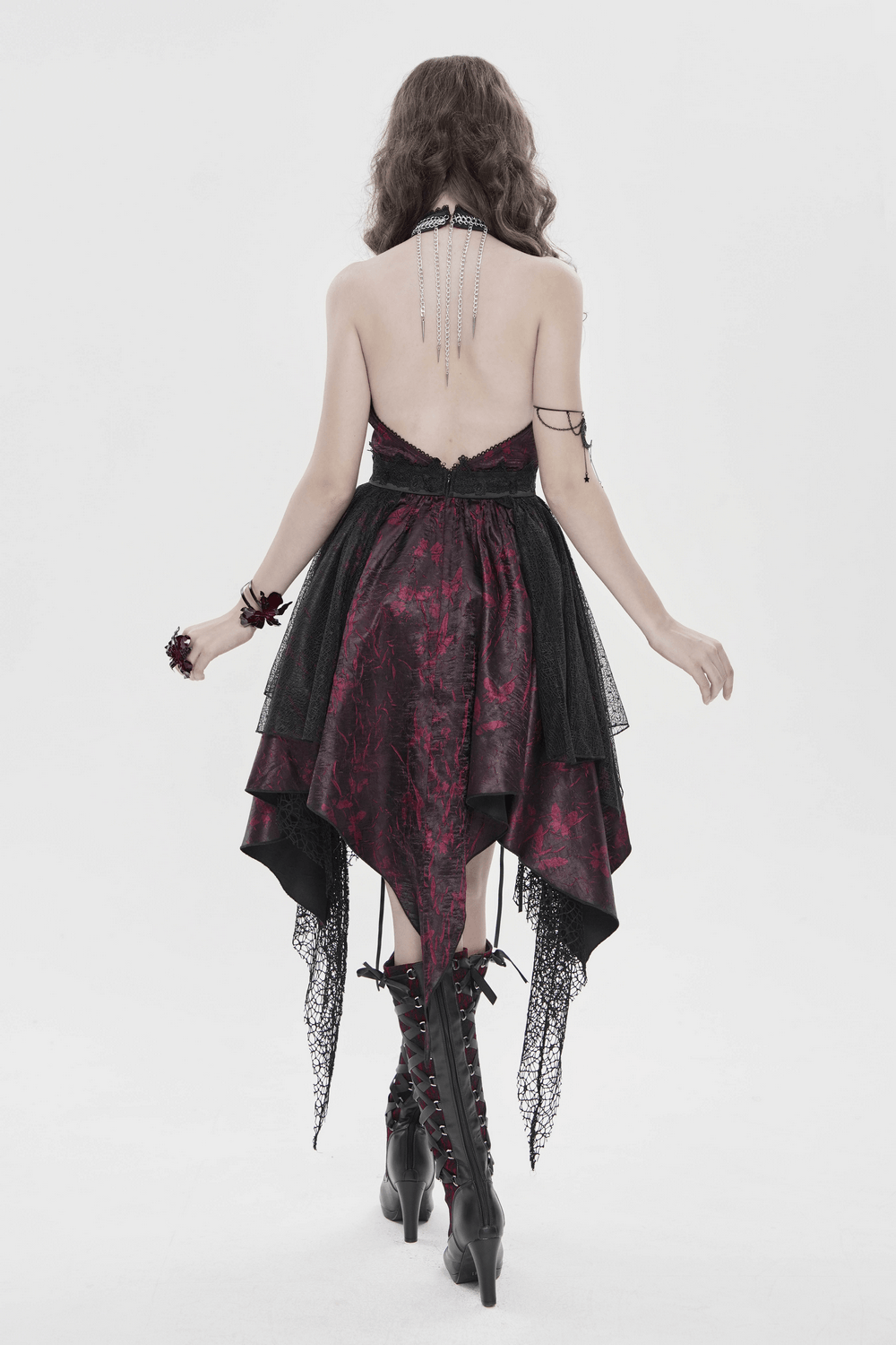 Gothic Burgundy Halter Dress with Lace Layers