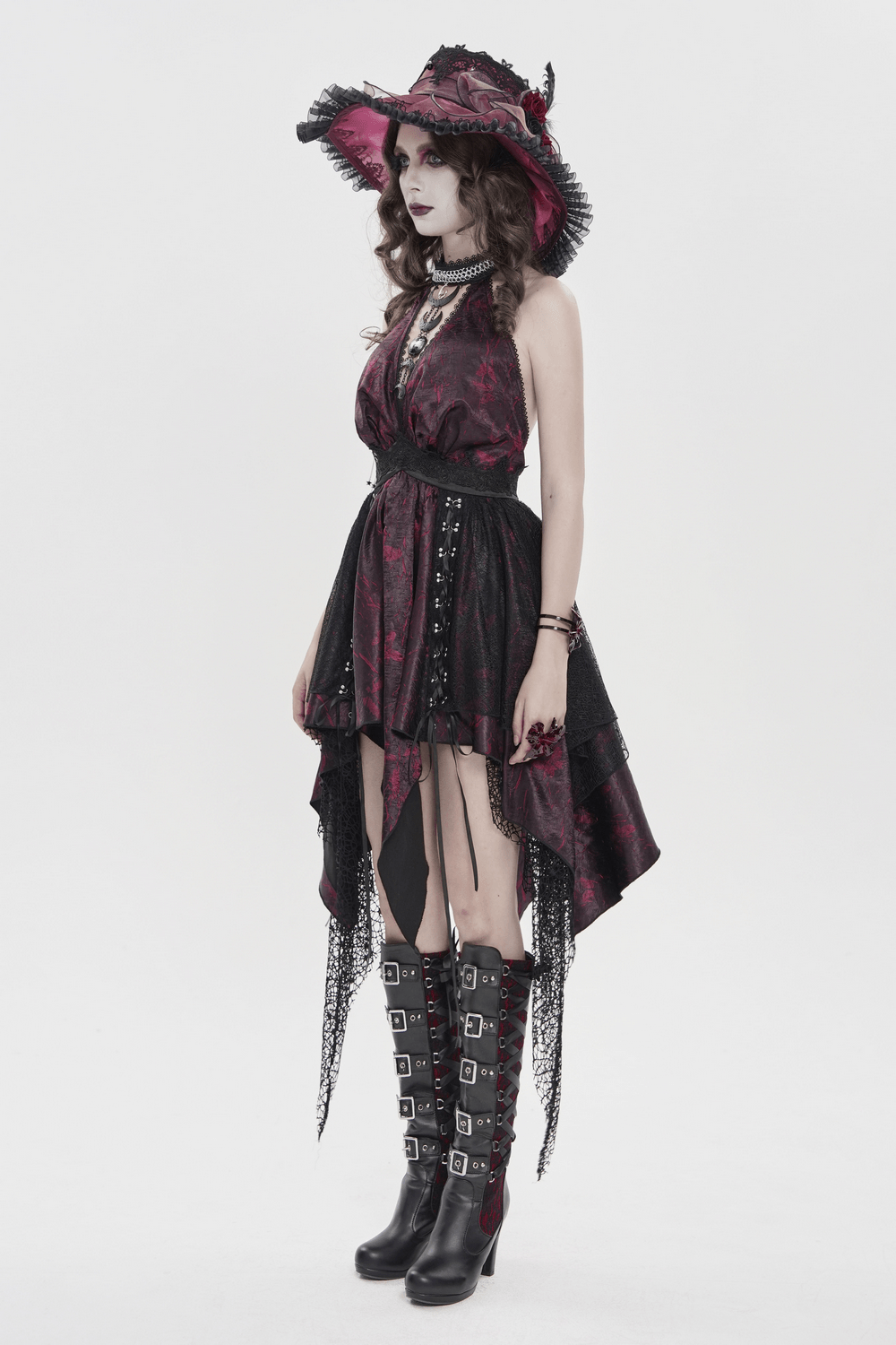 Gothic Burgundy Halter Dress with Lace Layers