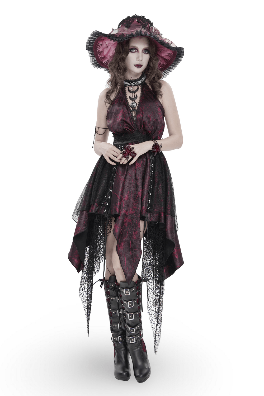 Gothic Burgundy Halter Dress with Lace Layers