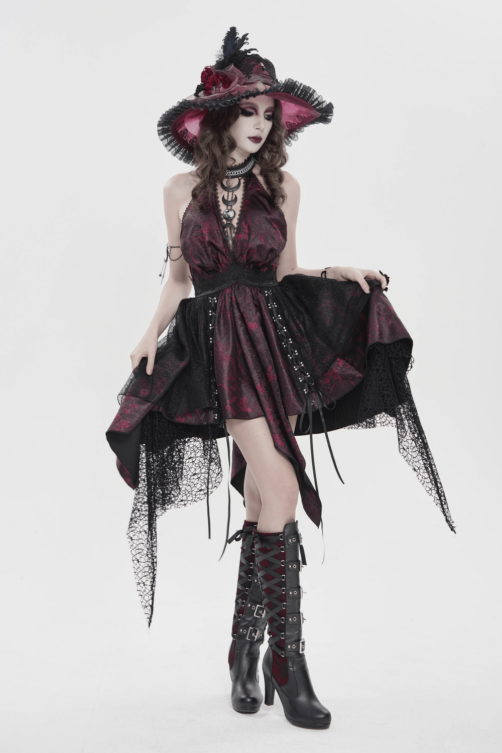 Gothic Burgundy Halter Dress with Lace Layers