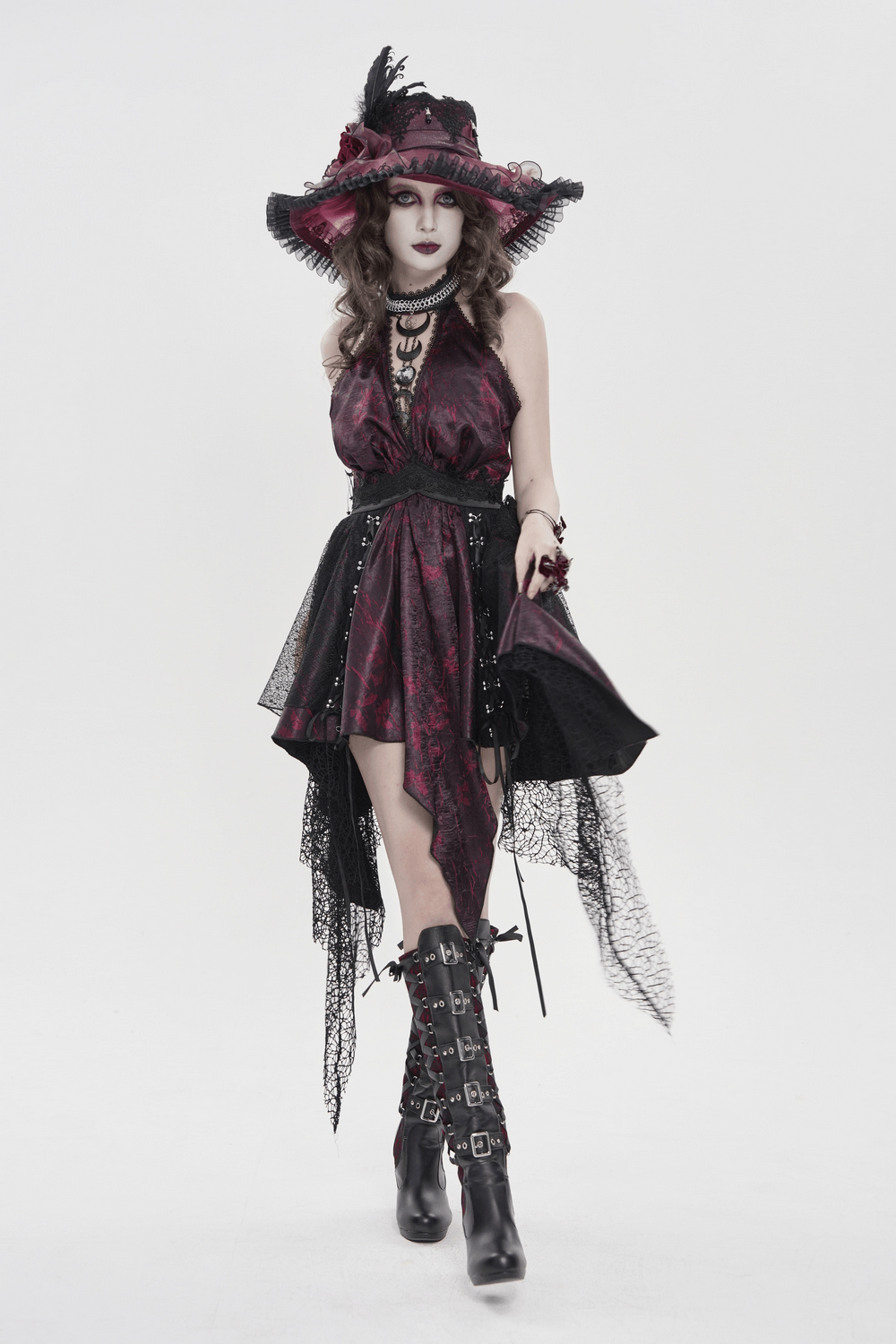 Gothic Burgundy Halter Dress with Lace Layers