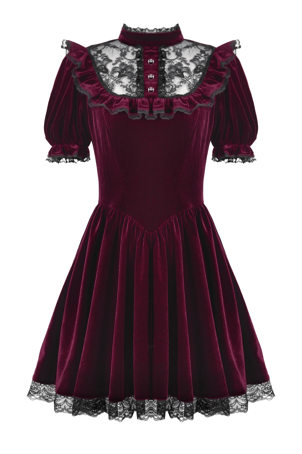 Gothic Burgundy Velvet Dress with Lace Trim and Puff Sleeves