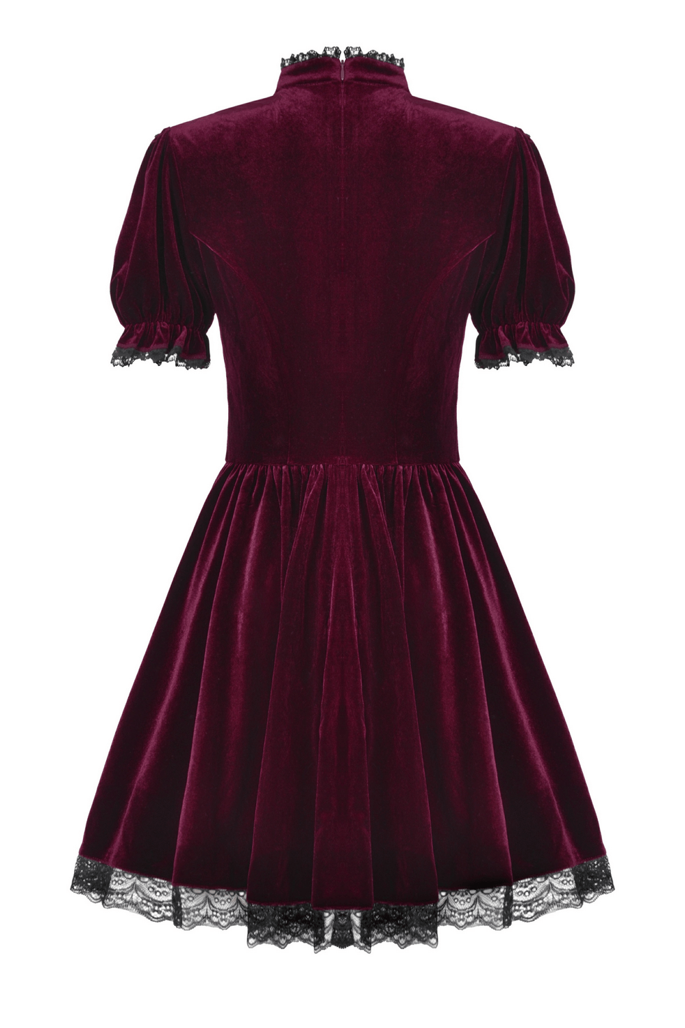 Gothic Burgundy Velvet Dress with Lace Trim and Puff Sleeves