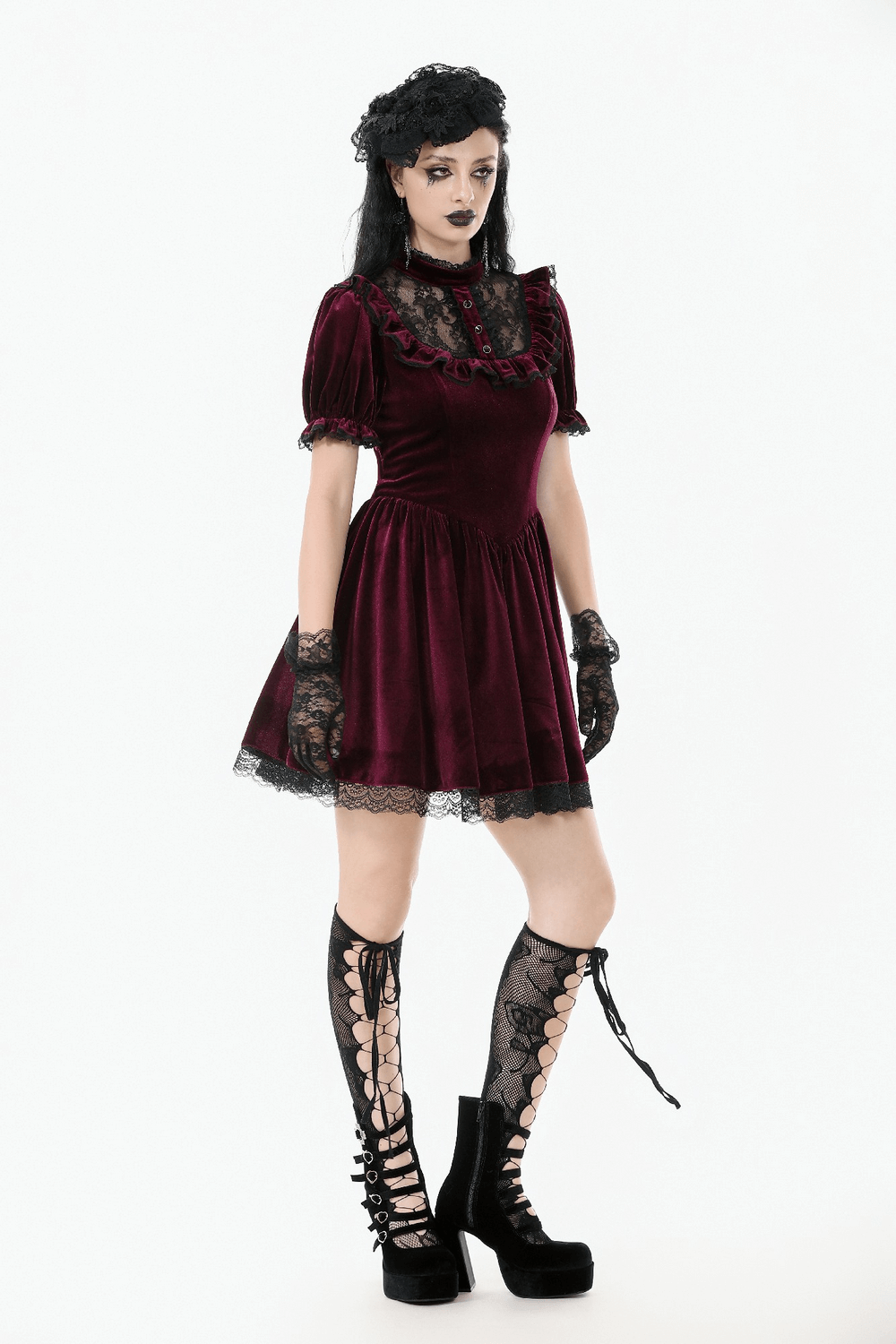 Gothic Burgundy Velvet Dress with Lace Trim and Puff Sleeves
