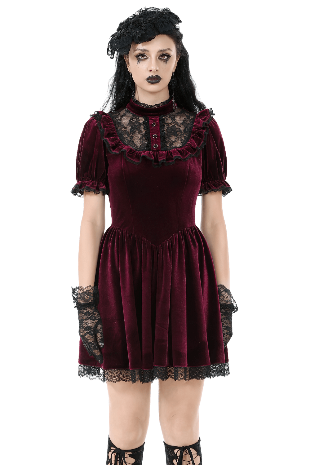 Gothic Burgundy Velvet Dress with Lace Trim and Puff Sleeves