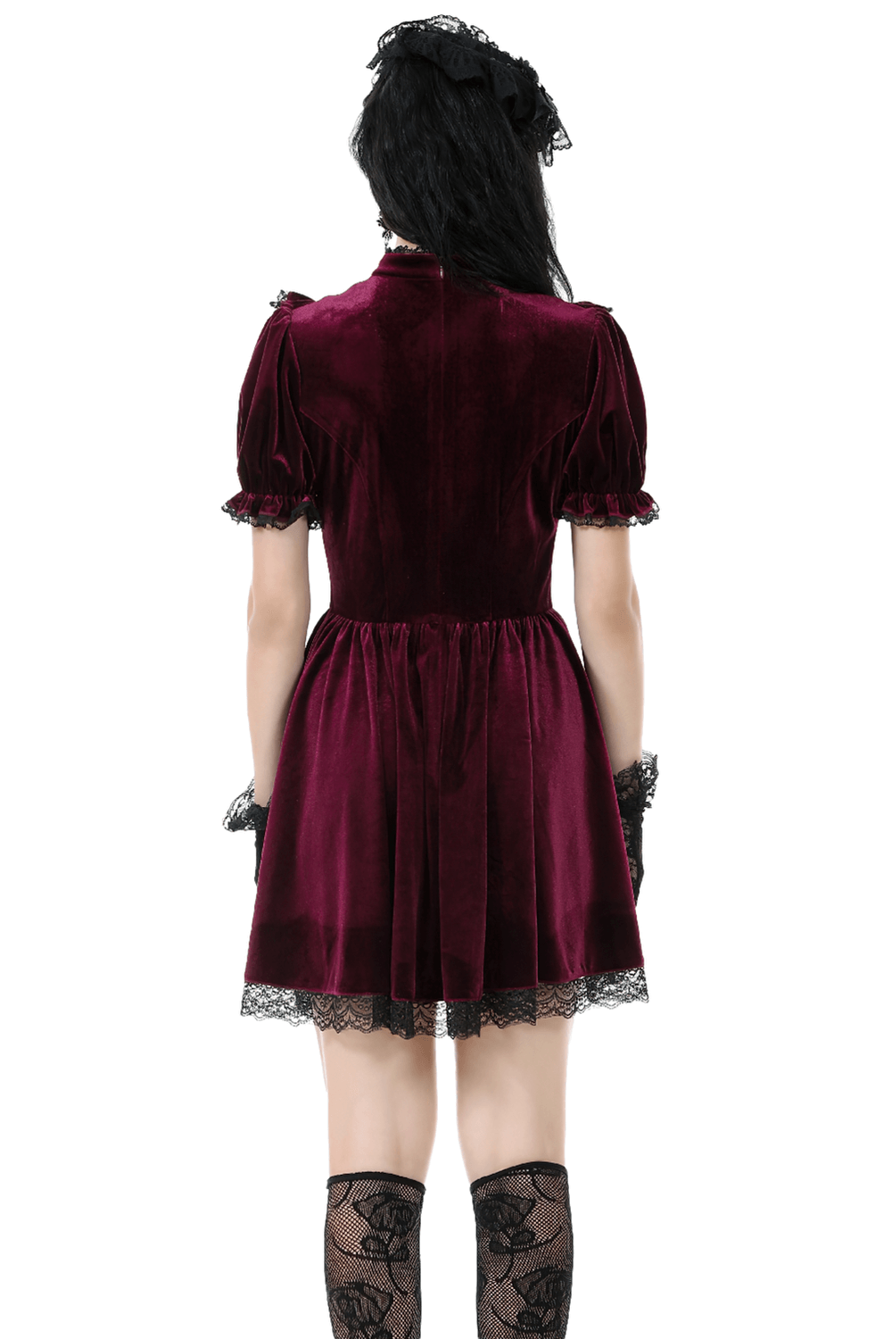 Gothic Burgundy Velvet Dress with Lace Trim and Puff Sleeves