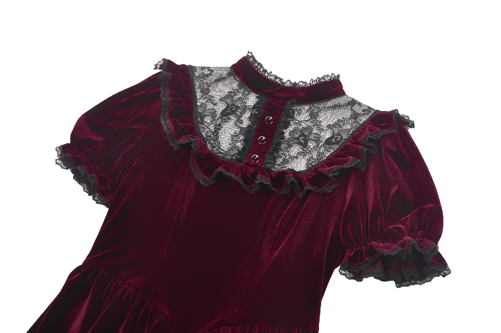 Gothic Burgundy Velvet Dress with Lace Trim and Puff Sleeves