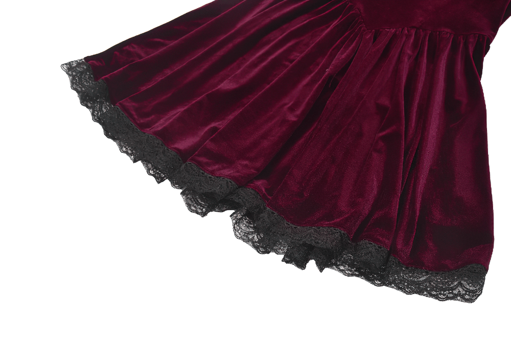 Gothic Burgundy Velvet Dress with Lace Trim and Puff Sleeves