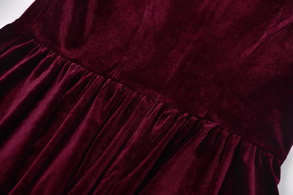 Gothic Burgundy Velvet Dress with Lace Trim and Puff Sleeves