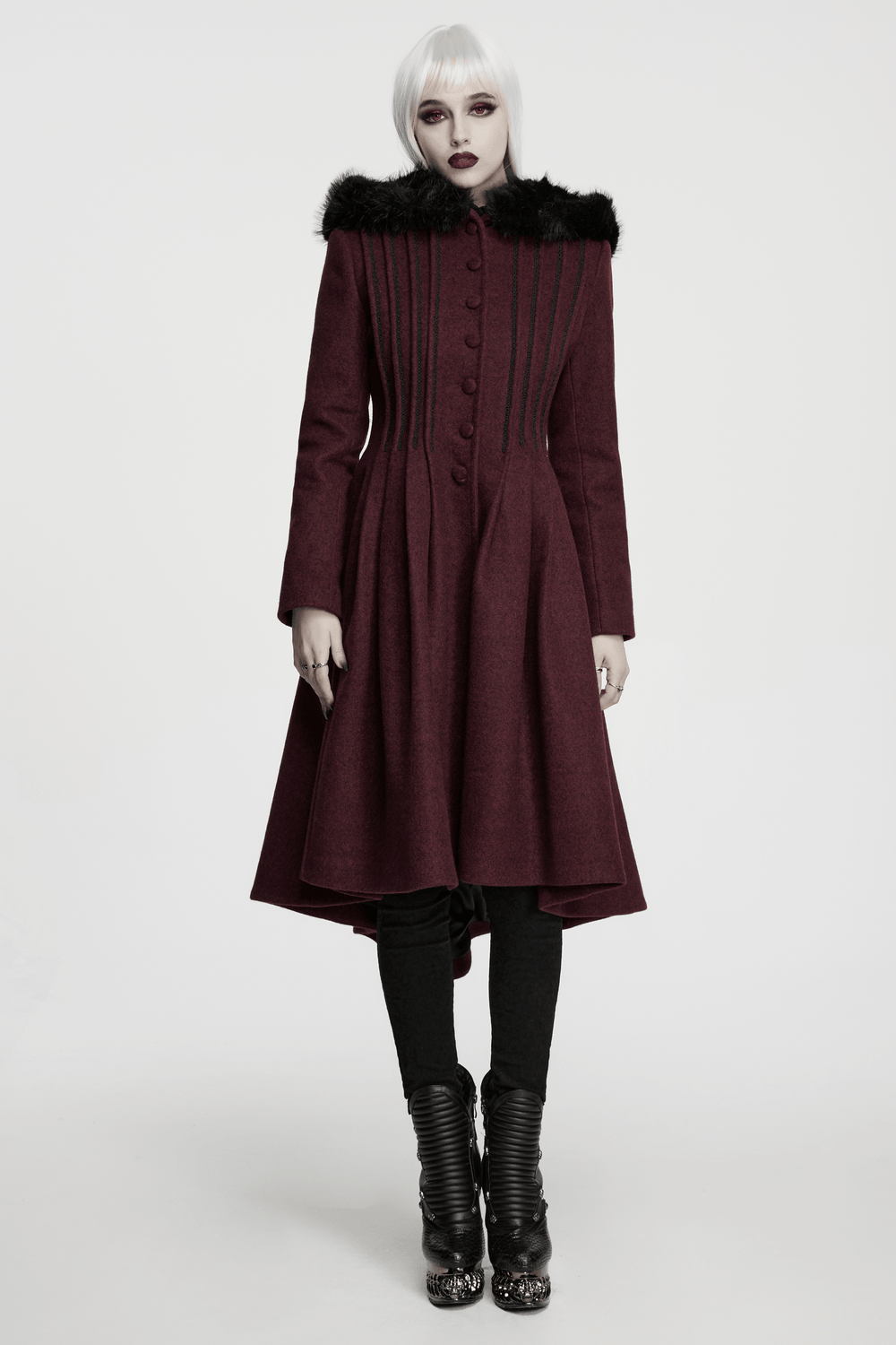 Gothic Burgundy Wool Coat with Fur Hood for Women