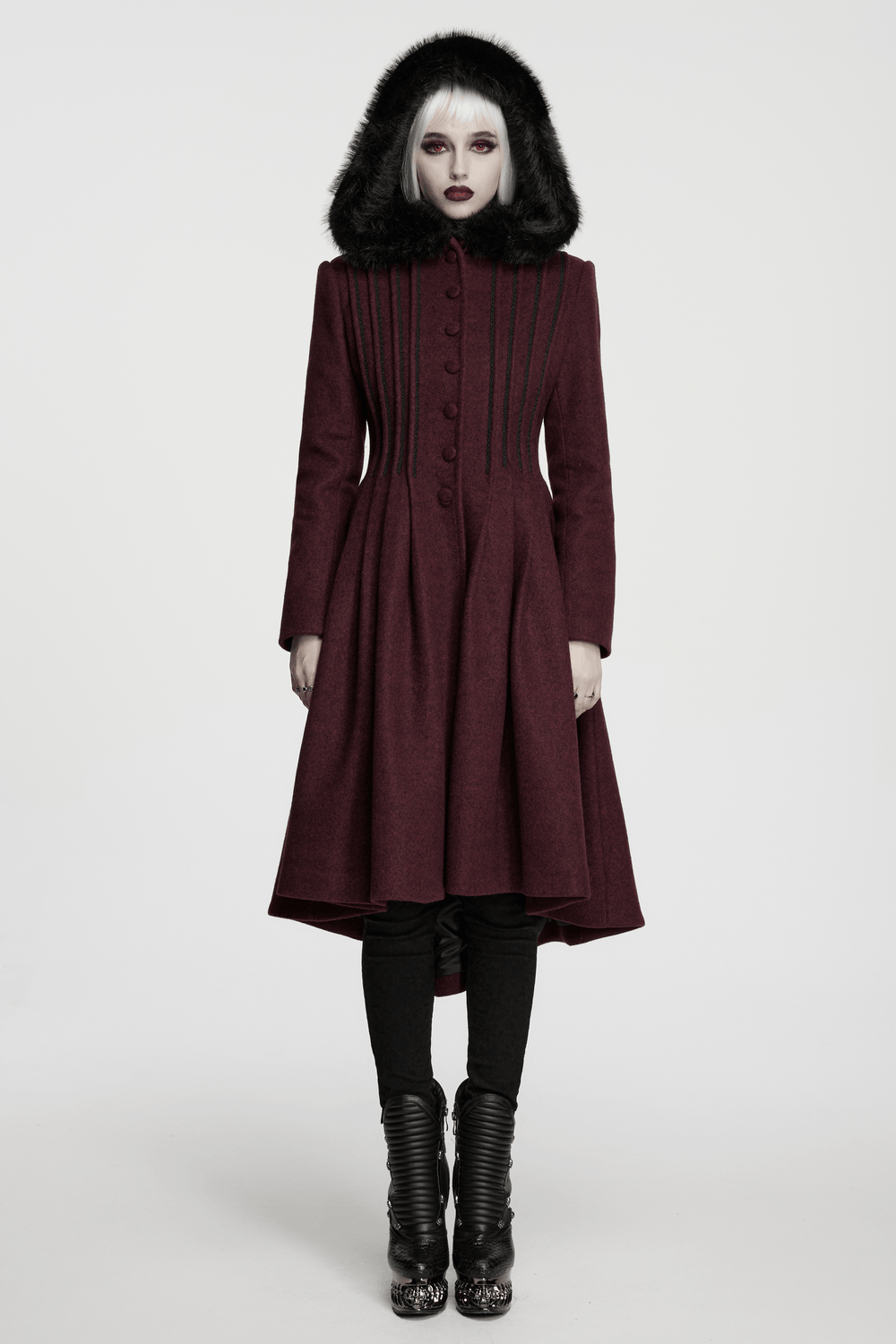 Gothic Burgundy Wool Coat with Fur Hood for Women