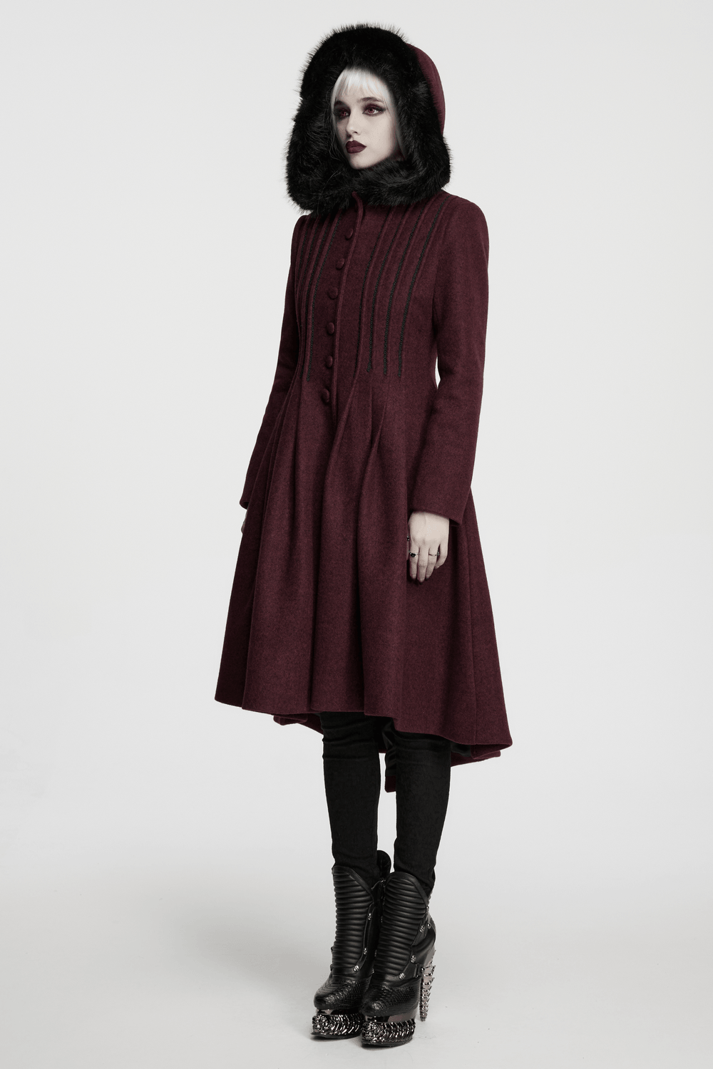Gothic Burgundy Wool Coat with Fur Hood for Women
