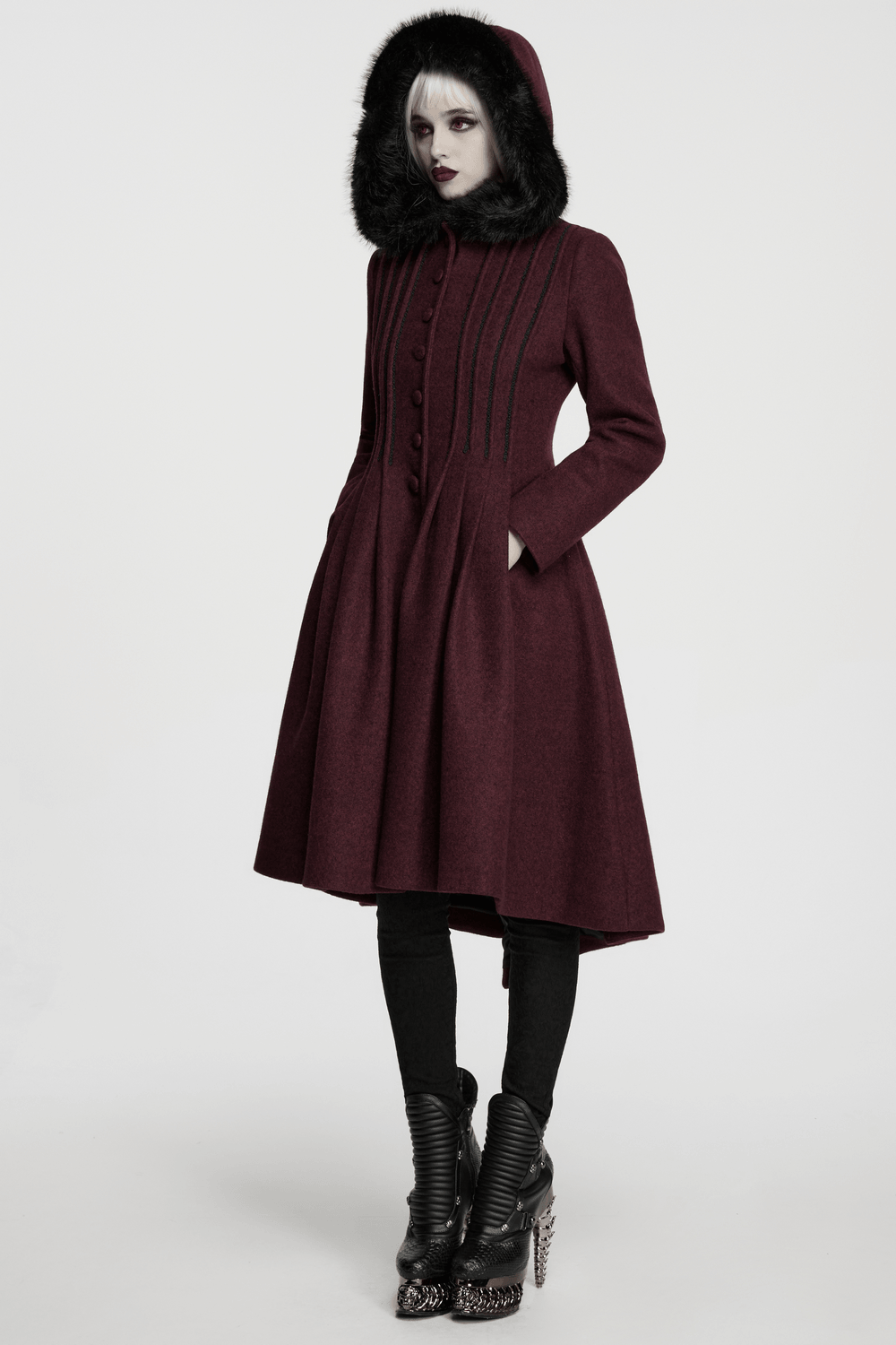 Gothic Burgundy Wool Coat with Fur Hood for Women
