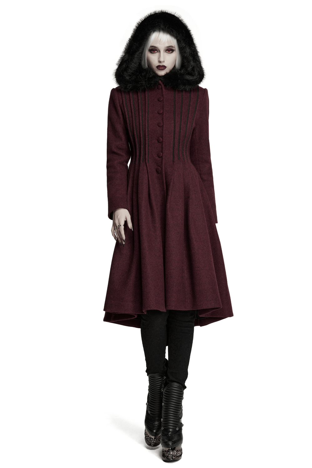 Gothic Burgundy Wool Coat with Fur Hood for Women