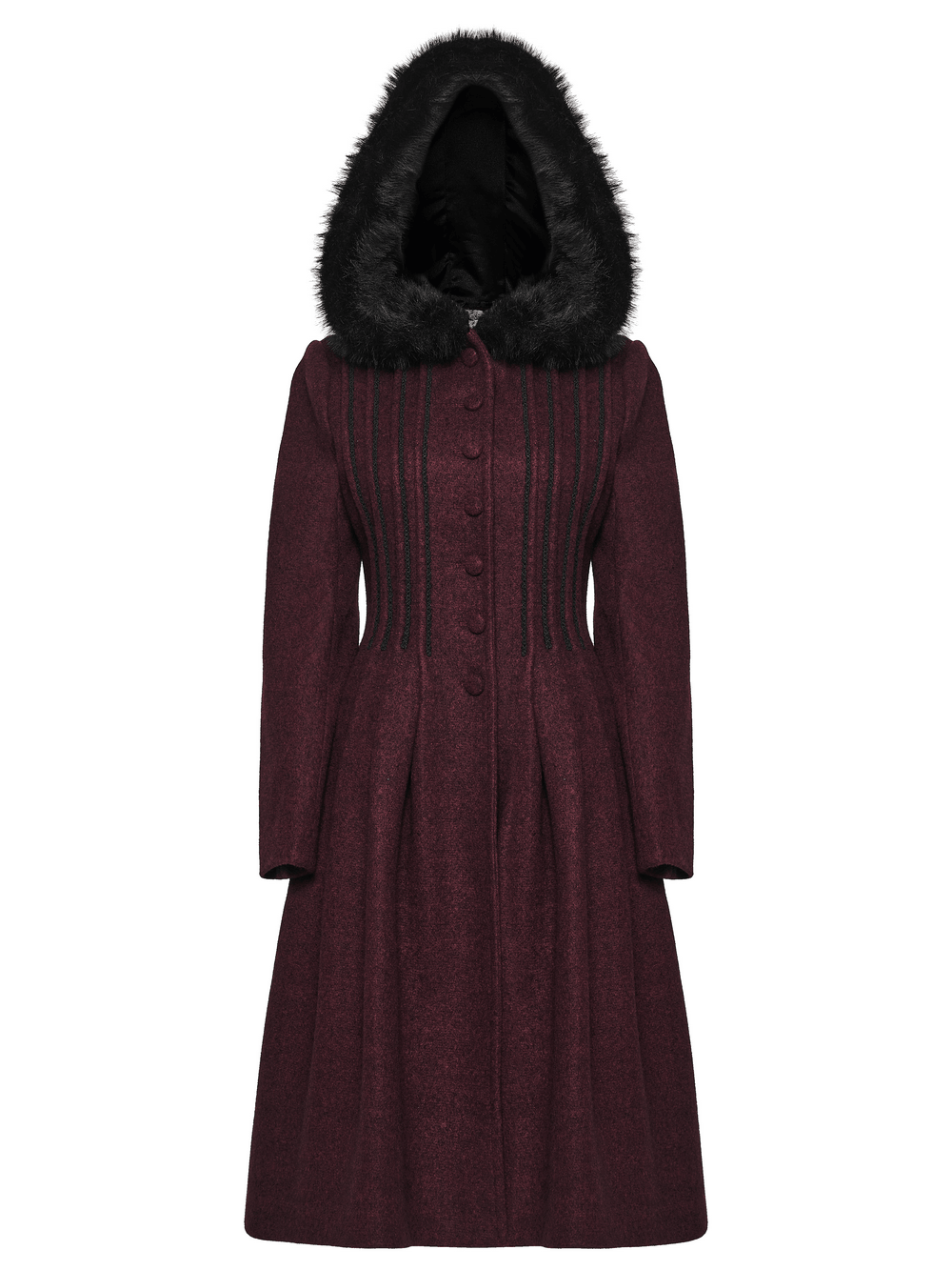 Gothic Burgundy Wool Coat with Fur Hood for Women