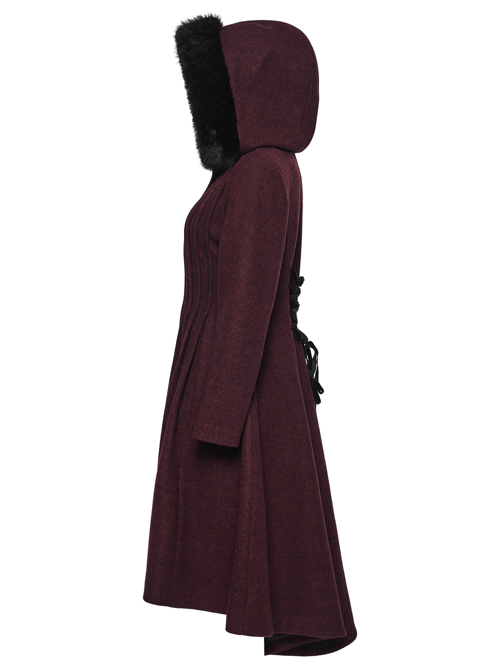 Gothic Burgundy Wool Coat with Fur Hood for Women