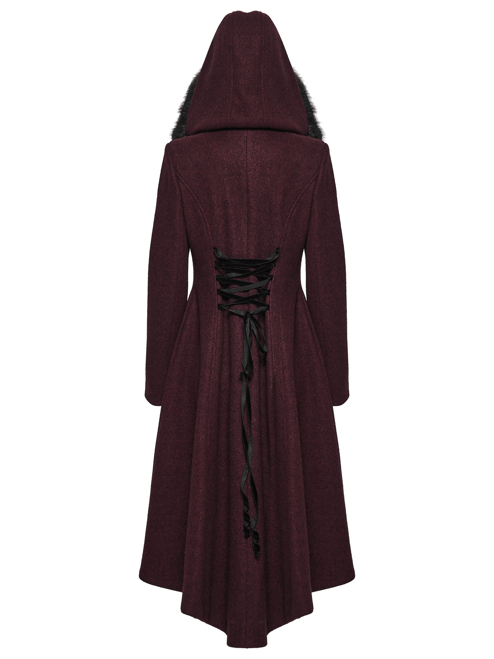 Gothic Burgundy Wool Coat with Fur Hood for Women